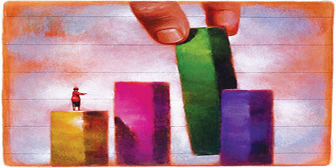 Tiny Businesswoman on Bar Graph